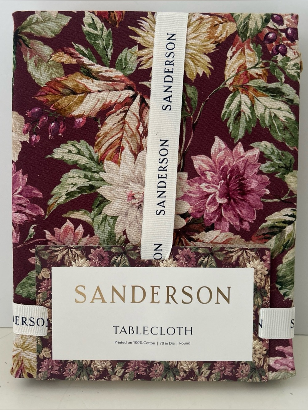 Sanderson Tablecloth Dahlia & Tosehip Fall Autumn Burgundy Floral 70 IN Round